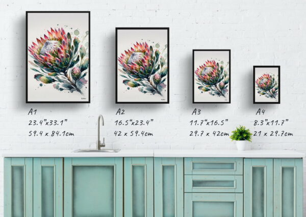 watercolour blotted flowers proteassugarbushes print size comparison 1