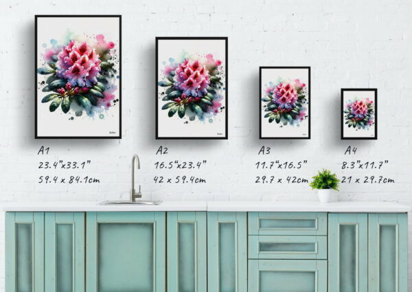 watercolour blotted flowers rhododendronazalea print size comparison