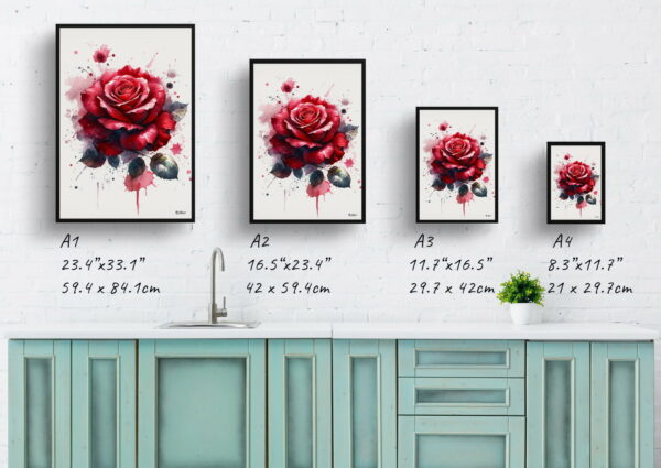 watercolour blotted flowers roserosa print size comparison