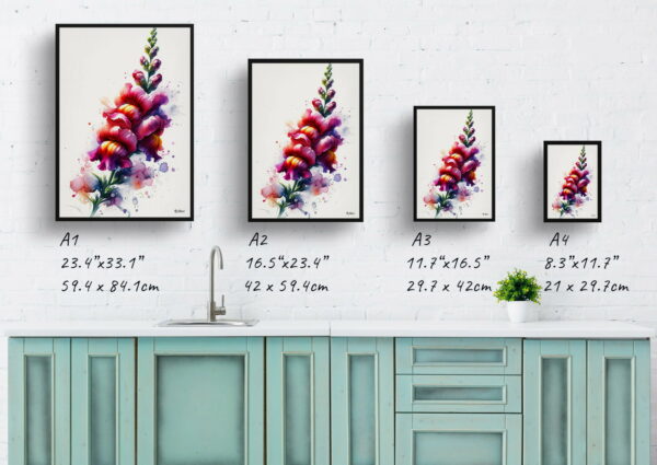 watercolour blotted flowers snapdragonantirrhinum print size comparison 1