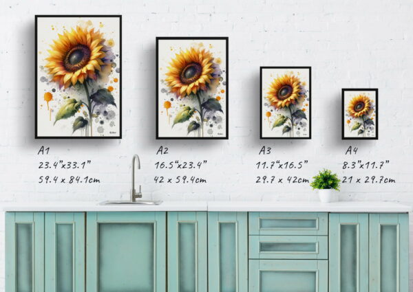 watercolour blotted flowers sunflowerhelianthus annuus print size comparison 1