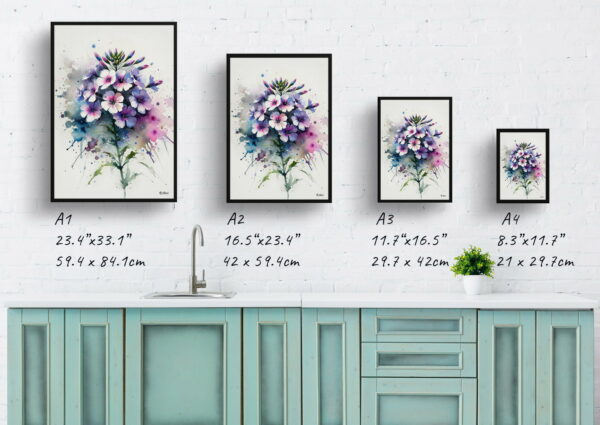 watercolour blotted flowers sweet rockethesperis matronalis print size comparison 1