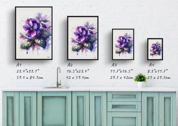 watercolour blotted flowers sweet violetviola odorata print size comparison 1