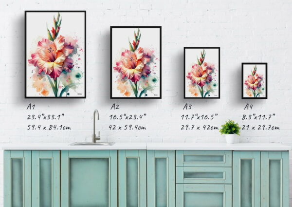 watercolour blotted flowers sword liliesgladiolus print size comparison 1