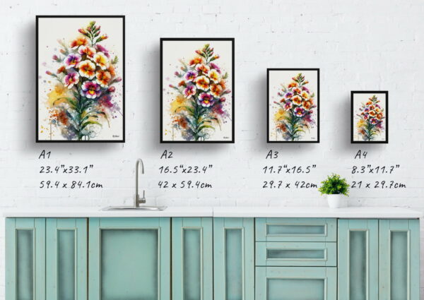 watercolour blotted flowers wallflowerserysimum print size comparison 1