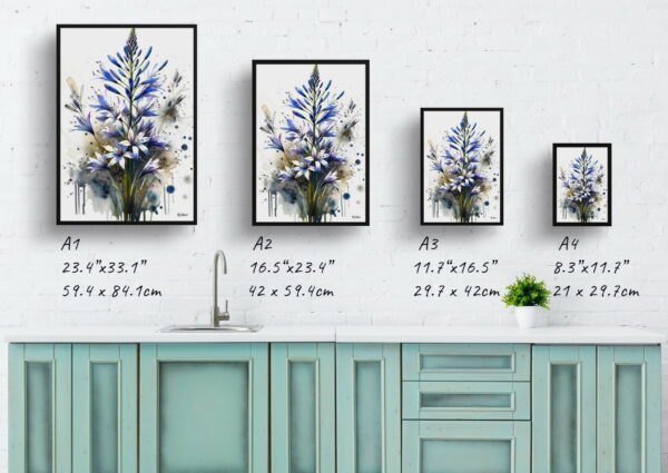 watercolour blotted flowers wild hyacinthscamassia leichtlinii print size comparison 1