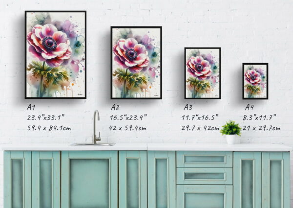 watercolour blotted flowers windfloweranemone print size comparison 1