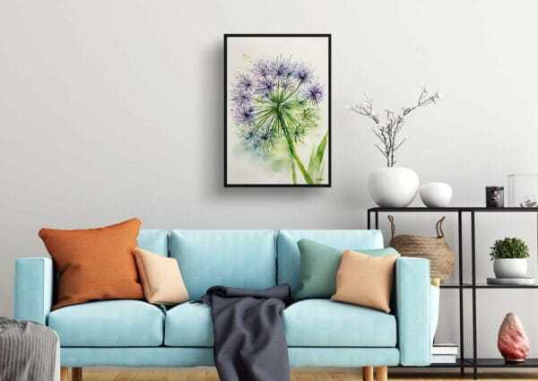 watercolour botanical print flowers allium nigrum minimalist living room 1