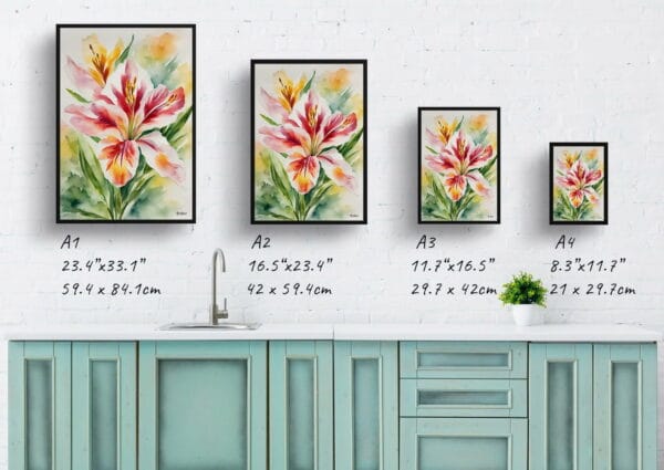 watercolour botanical print flowers alstroemeria print size comparison 1