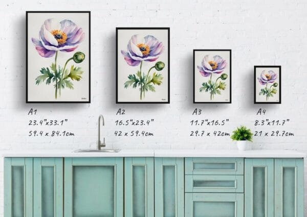 watercolour botanical print flowers anemone minimalist print size comparison 1