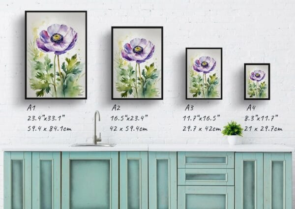 watercolour botanical print flowers anemone print size comparison 1