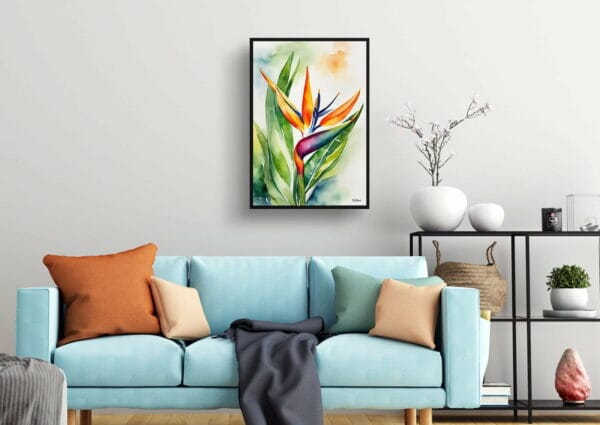 watercolour botanical print flowers bird of paradise living room 1