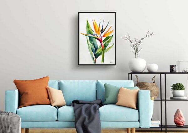 watercolour botanical print flowers bird of paradise minimalist living room 1