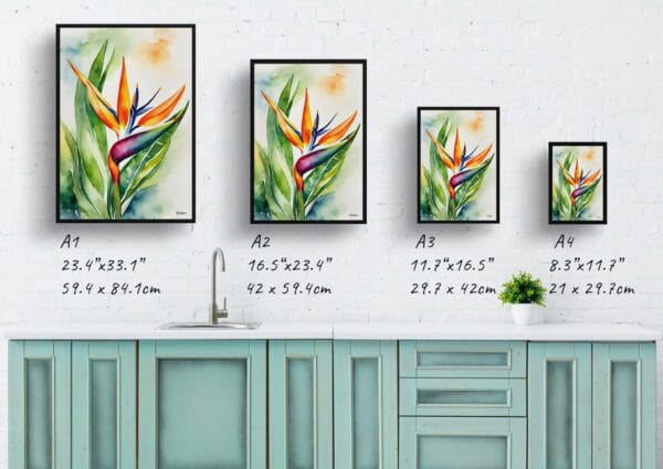 watercolour botanical print flowers bird of paradise print size comparison 1