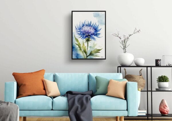 watercolour botanical print flowers centaurea cyanus blue boy living room 1