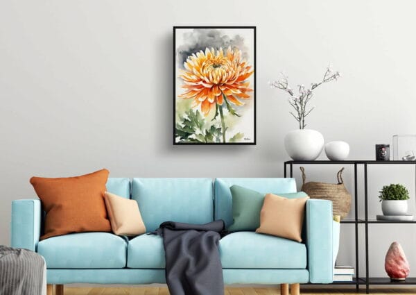 watercolour botanical print flowers chrysanthemum living room 1