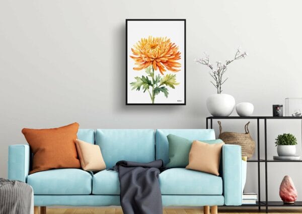 watercolour botanical print flowers chrysanthemum minimalist living room 1