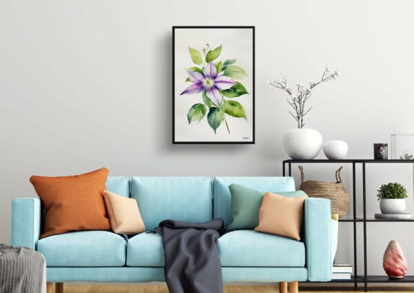 watercolour botanical print flowers clematis gravetye beauty minimalist living room 1