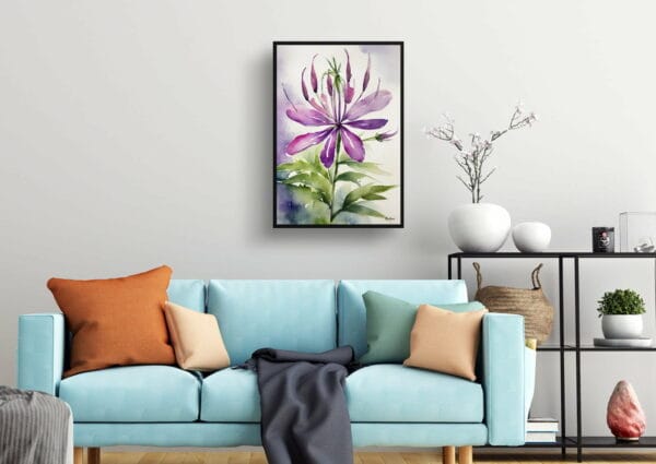 watercolour botanical print flowers cleome hassleriana violet queen living room 1