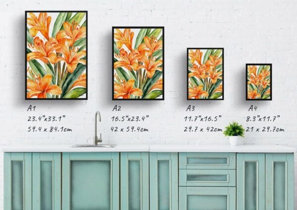 watercolour botanical print flowers clivia print size comparison 1