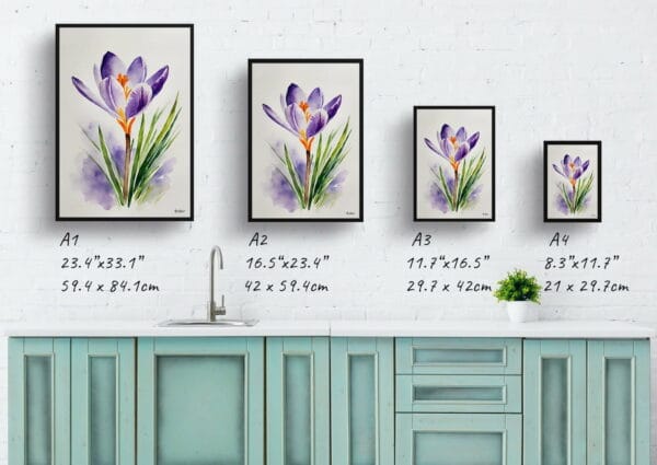 watercolour botanical print flowers crocus minimalist print size comparison 1