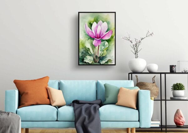 watercolour botanical print flowers cyclamen coum living room 1