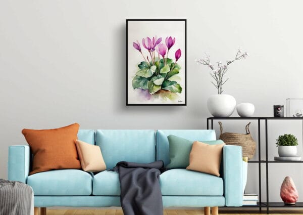 watercolour botanical print flowers cyclamen coum minimalist living room 1