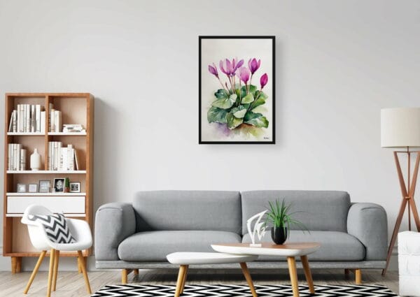 watercolour botanical print flowers cyclamen coum minimalist office 1