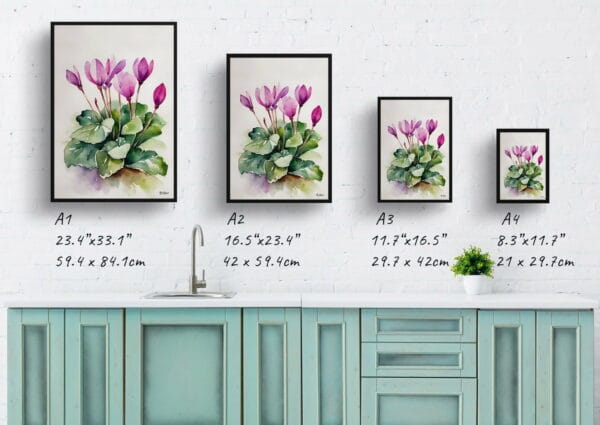 watercolour botanical print flowers cyclamen coum minimalist print size comparison 1