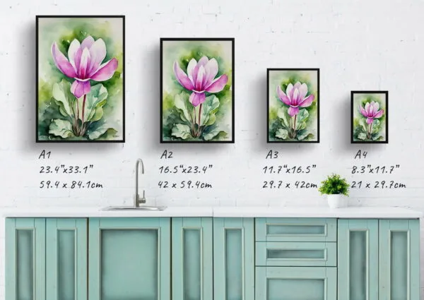 watercolour botanical print flowers cyclamen coum print size comparison 1