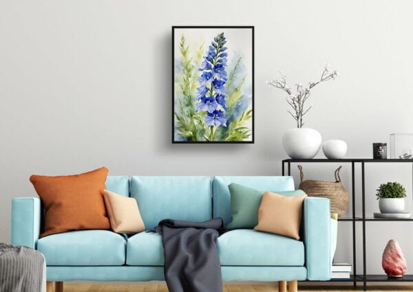 watercolour botanical print flowers delphinium cassius living room 1