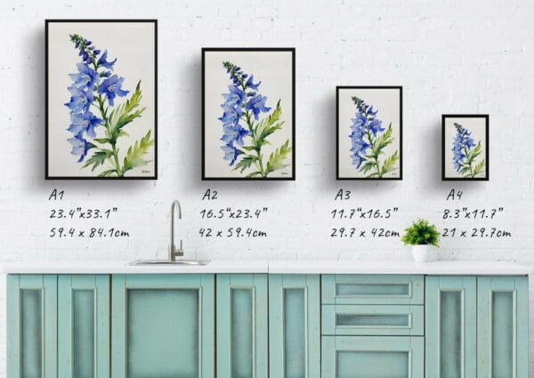 watercolour botanical print flowers delphinium cassius minimalist print size comparison 1