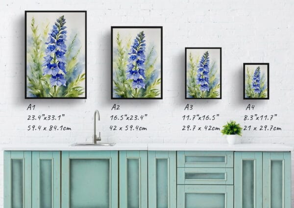 watercolour botanical print flowers delphinium cassius print size comparison 1