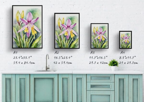 watercolour botanical print flowers erythronium pagoda print size comparison 1