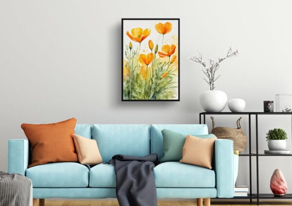 watercolour botanical print flowers eschscholzia californica living room 1