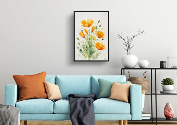 watercolour botanical print flowers eschscholzia californica minimalist living room 1