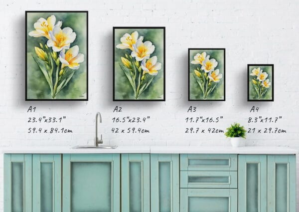 watercolour botanical print flowers freesia print size comparison 1