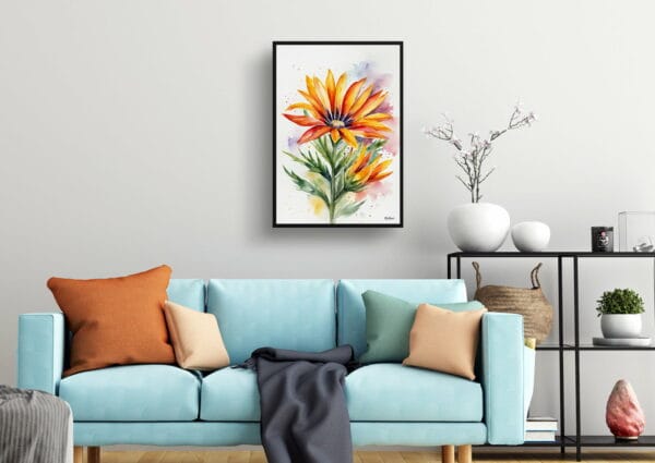 watercolour botanical print flowers gazania minimalist living room