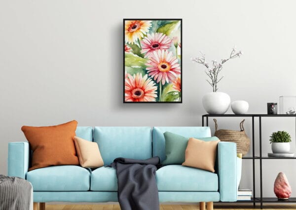 watercolour botanical print flowers gerbera living room 1