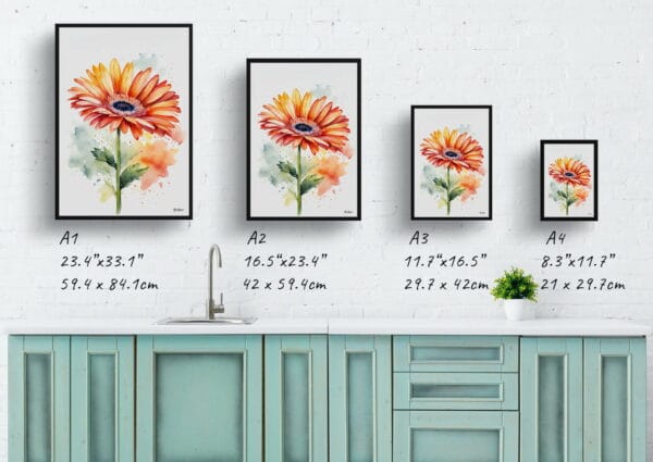 watercolour botanical print flowers gerbera minimalist print size comparison 1