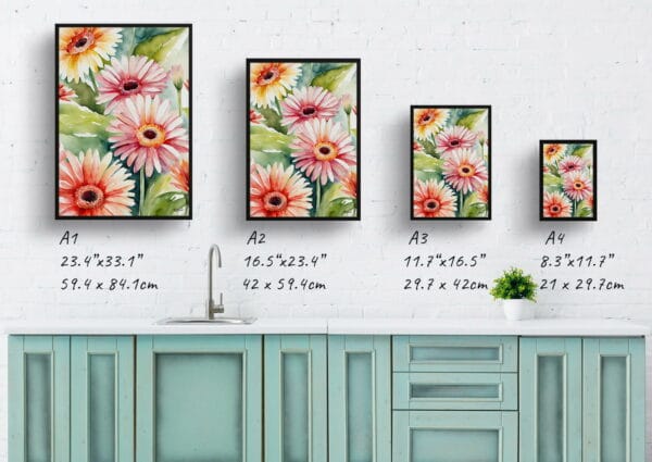 watercolour botanical print flowers gerbera print size comparison 1