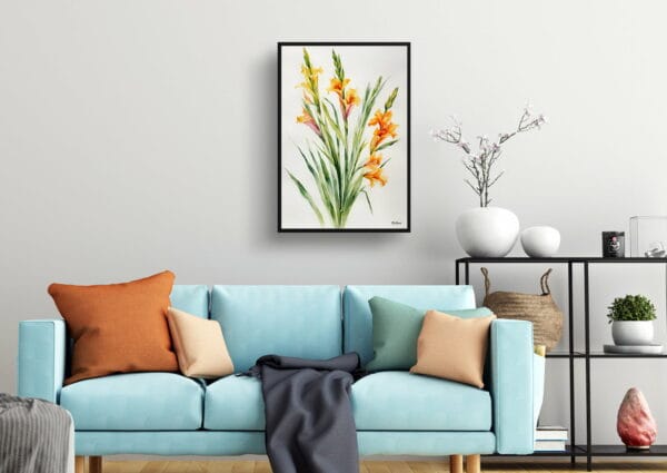 watercolour botanical print flowers gladiolus communis byzantinus minimalist living room 1