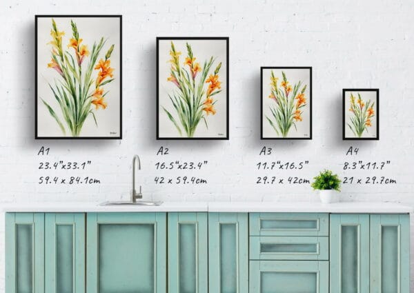 watercolour botanical print flowers gladiolus communis byzantinus minimalist print size comparison 1