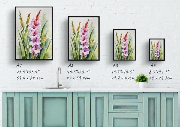 watercolour botanical print flowers gladiolus communis byzantinus print size comparison 1