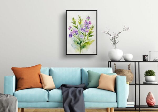 watercolour botanical print flowers hesperis matronalis minimalist living room 1