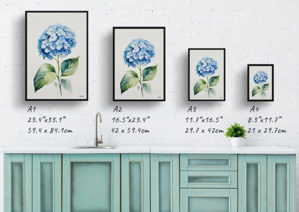 watercolour botanical print flowers hydrangea minimalist print size comparison 1