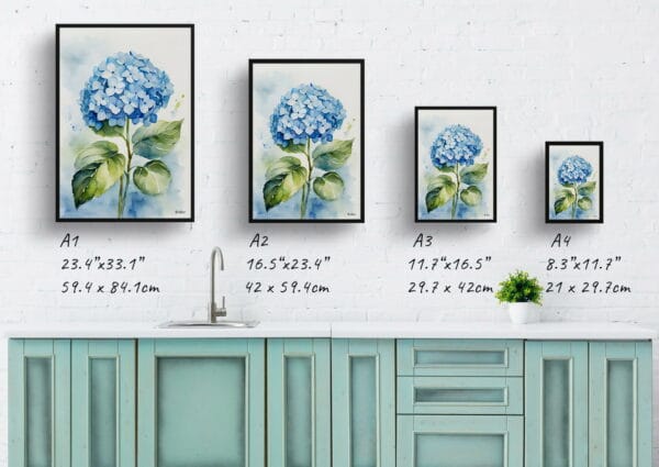 watercolour botanical print flowers hydrangea print size comparison 1