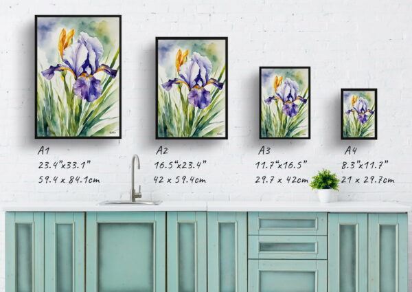 watercolour botanical print flowers iris print size comparison 1