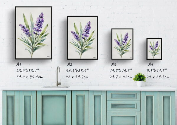 watercolour botanical print flowers lavender minimalist print size comparison 1