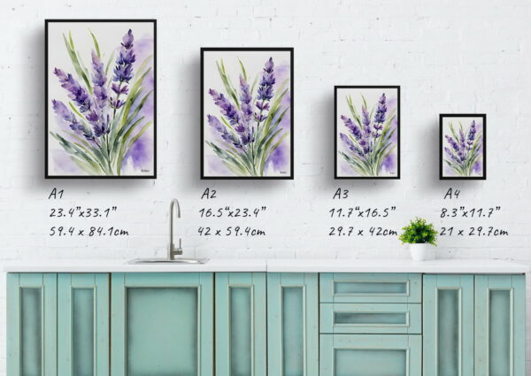 watercolour botanical print flowers lavender print size comparison 1